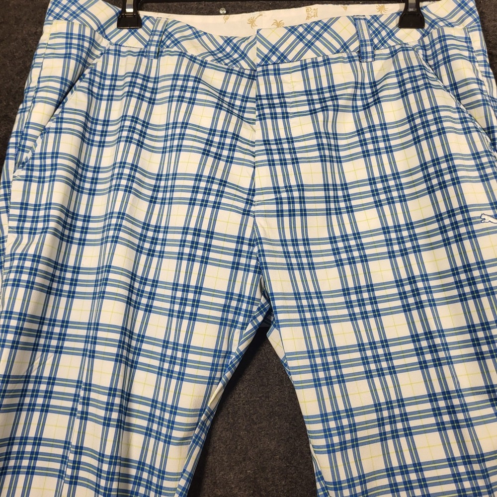 Puma Golf Mens Plaid Pants Blue Lime Green White Performance Trousers 38x31